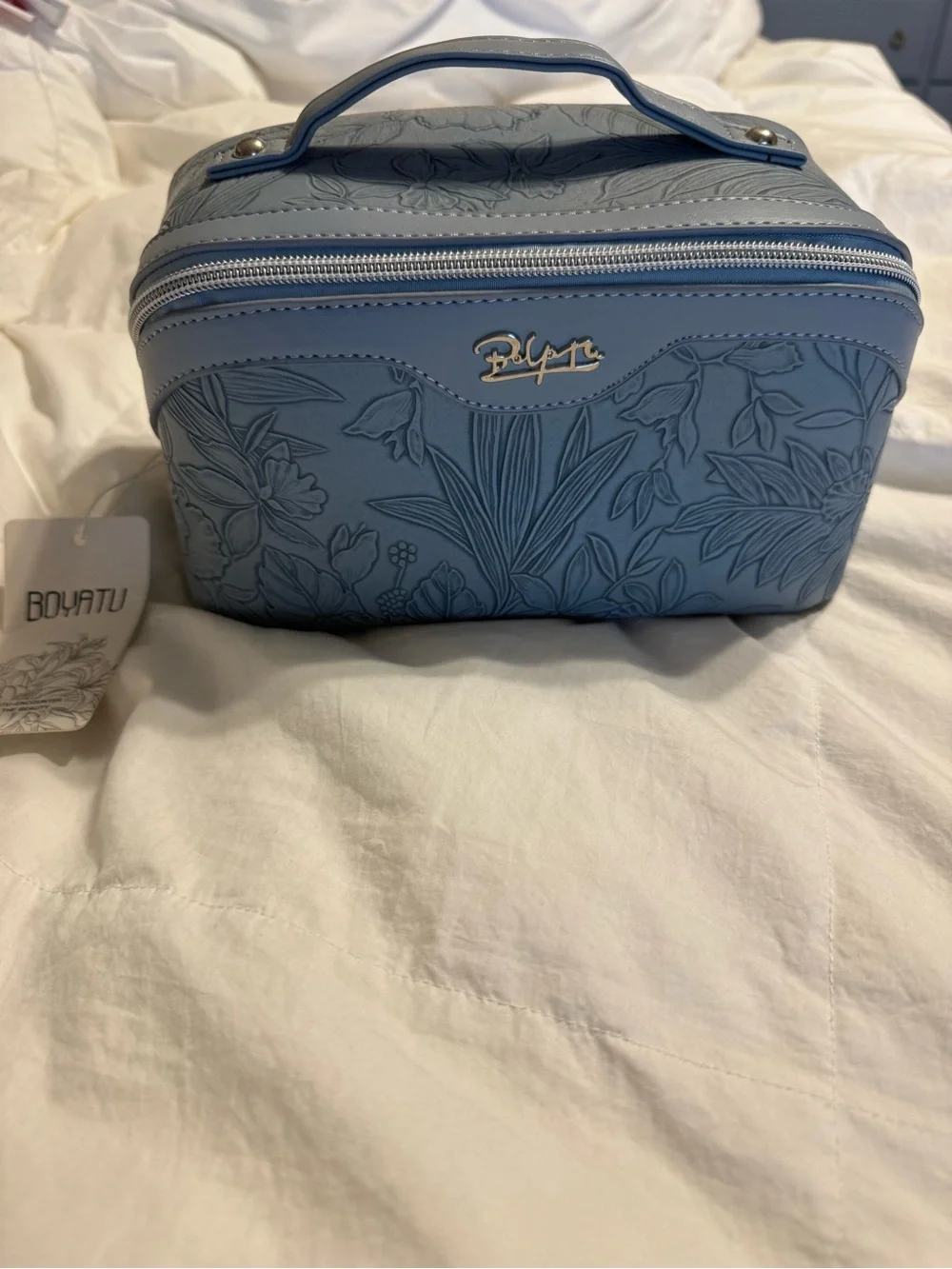 Light Blue Embossed Floral Cosmetic Bag